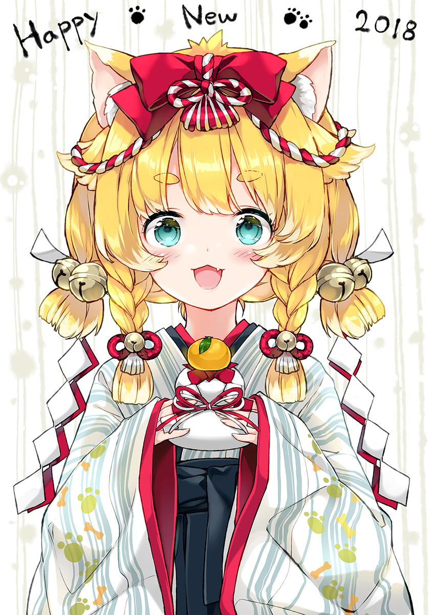 1girl 2018 :3 :d animal_ears bangs bell black_hakama blonde_hair blue_eyes blush bone_print bow braid commentary_request dog_ears eyebrows_visible_through_hair fang food hair_bow hair_ornament hair_ribbon hakama highres holding holding_food japanese_clothes jingle_bell juna kagami_mochi kimono looking_at_viewer low_twintails nengajou new_year open_mouth original paw_print red_bow ribbon short_kimono short_twintails smile solo striped thick_eyebrows twin_braids twintails vertical-striped_kimono vertical_stripes white_kimono white_ribbon year_of_the_dog