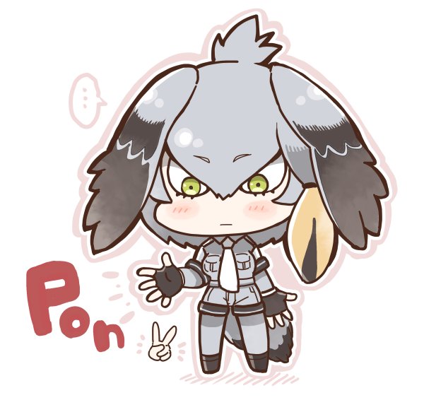 ... 1girl bird_tail black_footwear black_hair blush chibi closed_mouth commentary_request eyebrows_visible_through_hair fingerless_gloves full_body gloves green_eyes grey_jacket grey_legwear head_wings jacket kemono_friends looking_down necktie outline pantyhose rock_paper_scissors shoebill_(kemono_friends) shoes silver_hair simple_background solo spoken_ellipsis standing tail tanaka_kusao topknot white_background white_neckwear