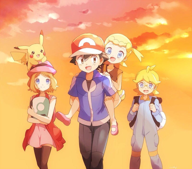 2boys 2girls animal animal_on_head back backpack bag bandaid bandaid_on_knee black_hair black_legwear blonde_hair blue_eyes blush brother_and_sister carrying citron_(pokemon) eureka_(pokemon) glasses hat jumpsuit mary_janes multiple_boys multiple_girls on_head open_mouth piggyback pikachu pokemon pokemon_(anime) pokemon_(game) pokemon_xy satoshi_(pokemon) serena_(pokemon) shoes short_hair siblings side_ponytail smile sunset thigh-highs walking