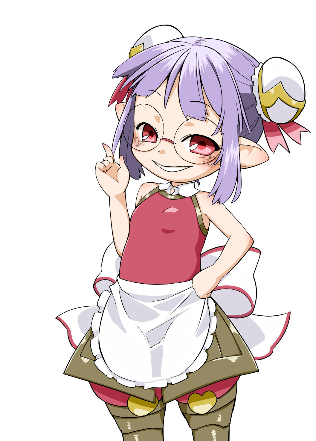 1girl apron blush double_bun elmelaura glasses granblue_fantasy hamahara_yoshio harbin highres pointy_ears purple_hair red_eyes simple_background solo teeth white_background