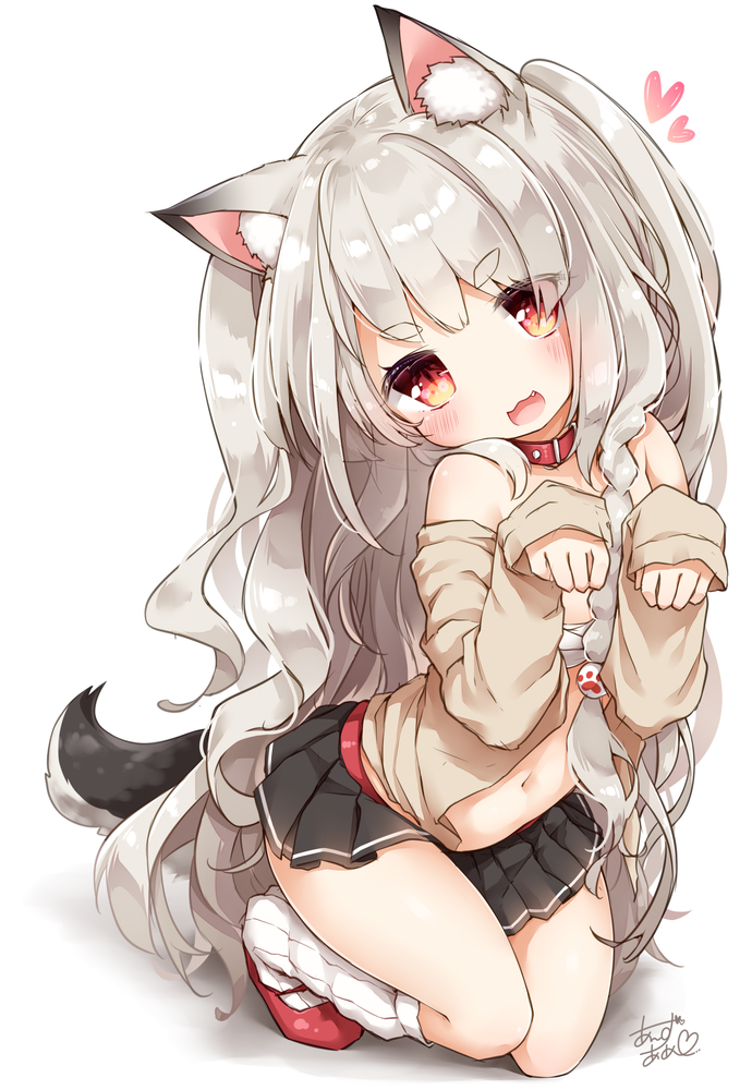 1girl :3 :d animal_ears azur_lane bangs bare_shoulders black_skirt blush braid brown_shirt clown_222 dog_ears dog_girl dog_tail eyebrows_visible_through_hair fang hair_ornament head_tilt heart long_sleeves looking_at_viewer loose_socks navel one_side_up open_mouth pleated_skirt red_collar red_footwear sarashi shirt side_braid signature silver_hair simple_background skirt sleeves_past_wrists smile socks solo tail thick_eyebrows white_background white_legwear wolf_ears yuudachi_(azur_lane)