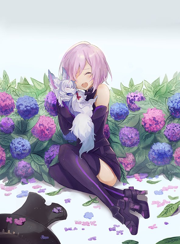 1girl :d armor blue_flower blush boots closed_eyes commentary creature elbow_gloves fate/grand_order fate_(series) flower fou gloves high_heel_boots high_heels hug legs_together mash_kyrielight mochii open_mouth pink_hair purple_flower purple_gloves purple_legwear shield short_hair sitting smile thigh-highs