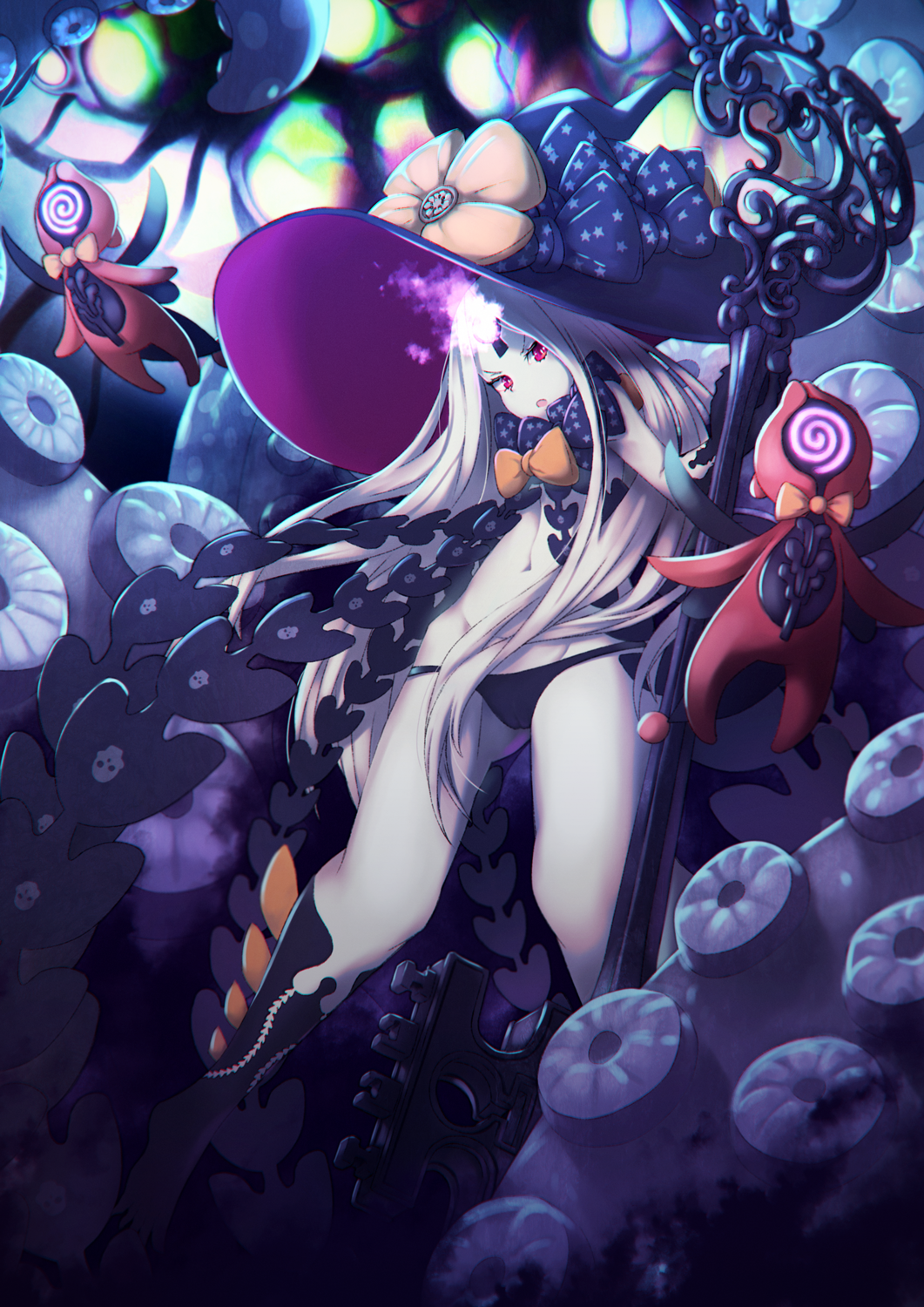 1girl 307_(aho307) :o abigail_williams_(fate/grand_order) bangs black_bow black_hat black_legwear black_panties bow commentary_request fate/grand_order fate_(series) glowing groin hat hat_bow highres holding holding_key key kneehighs long_hair looking_at_viewer navel open_mouth orange_bow oversized_object pale_skin panties parted_bangs print_bow red_eyes revealing_clothes solo star star_print suction_cups tentacle topless underwear very_long_hair white_hair witch_hat