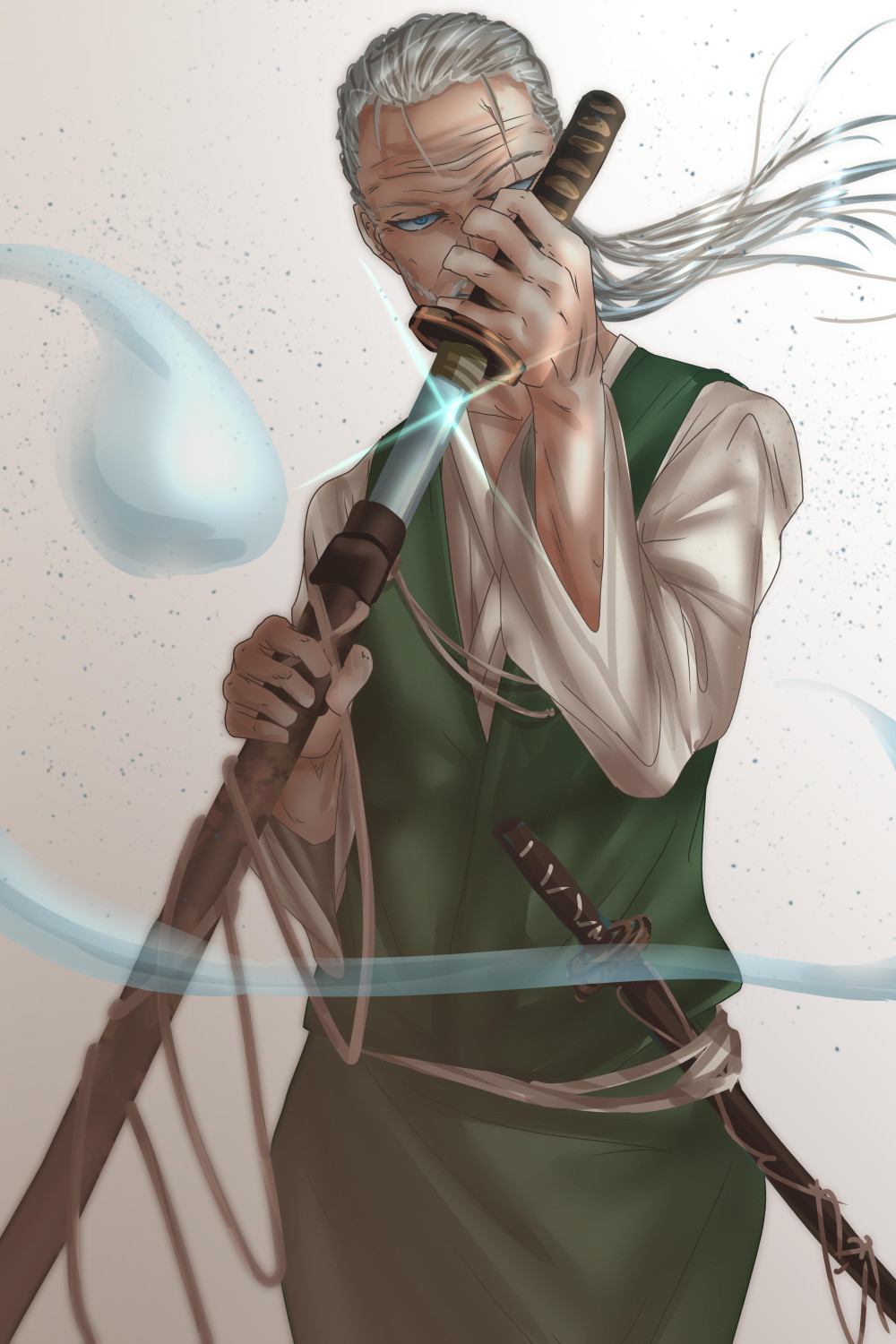 1boy blue_eyes cowboy_shot gradient gradient_background hand_up highres holding holding_sword holding_weapon konpaku_youki konpaku_youmu konpaku_youmu_(ghost) long_hair looking_at_viewer male_focus scar scar_across_eye sheath shounen_(hogehoge) solo sparkle sword touhou unsheathing weapon white_hair