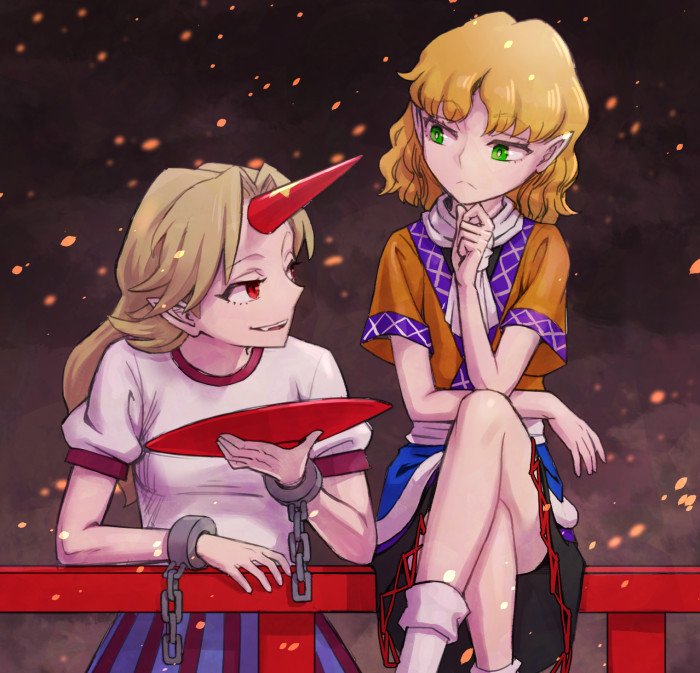 2girls blonde_hair chin_rest cuffs cup green_eyes horn hoshiguma_yuugi legs_crossed long_hair looking_at_another meimaru_inuchiyo mizuhashi_parsee multiple_girls pointy_ears red_eyes sakazuki scarf short_hair sitting skirt touhou