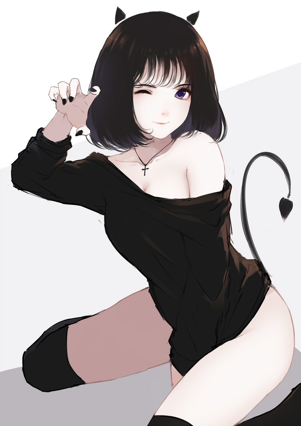 1girl animal_ears arm_up bangs between_legs black_hair black_legwear black_nails bottomless breasts caidychen cat_ears cleavage closed_mouth collarbone cross demon_tail highres jewelry looking_at_viewer medium_breasts nail_polish necklace off-shoulder_shirt one_eye_closed original paw_pose shirt short_hair simple_background sitting solo tail thigh-highs wariza white_background