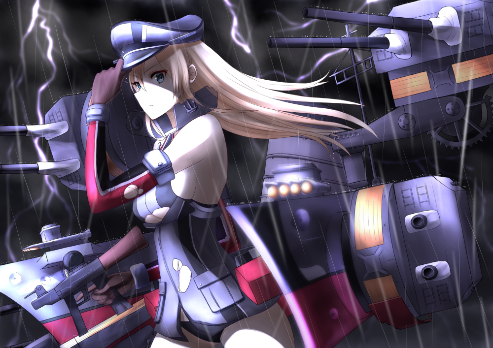 1girl anchor_earrings bare_shoulders bismarck_(kantai_collection) black_gloves black_hat black_panties blonde_hair blue_eyes breasts cannon closed_mouth clouds cloudy_sky cowboy_shot detached_sleeves earrings from_side gloves gun hair_between_eyes hand_on_headwear hand_up hat holding holding_gun holding_weapon itsuwa_(continue) jewelry kantai_collection large_breasts long_hair long_sleeves machinery no_bra no_pants outdoors panties peaked_cap pocket rain rigging serious shaded_face side_glance sideboob sky solo standing thunder torn_clothes trigger_discipline turret under_boob underwear water weapon