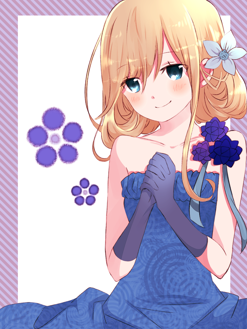 1girl bangs bare_shoulders black_gloves blonde_hair blue_dress blue_eyes blue_flower blush closed_mouth collarbone commentary_request diagonal_stripes dress elbow_gloves eyebrows_visible_through_hair flower gloves hair_between_eyes hair_flower hair_ornament head_tilt highres hiroshi_(jasinloki) long_hair looking_at_viewer original purple_flower smile solo strapless strapless_dress unmoving_pattern white_flower