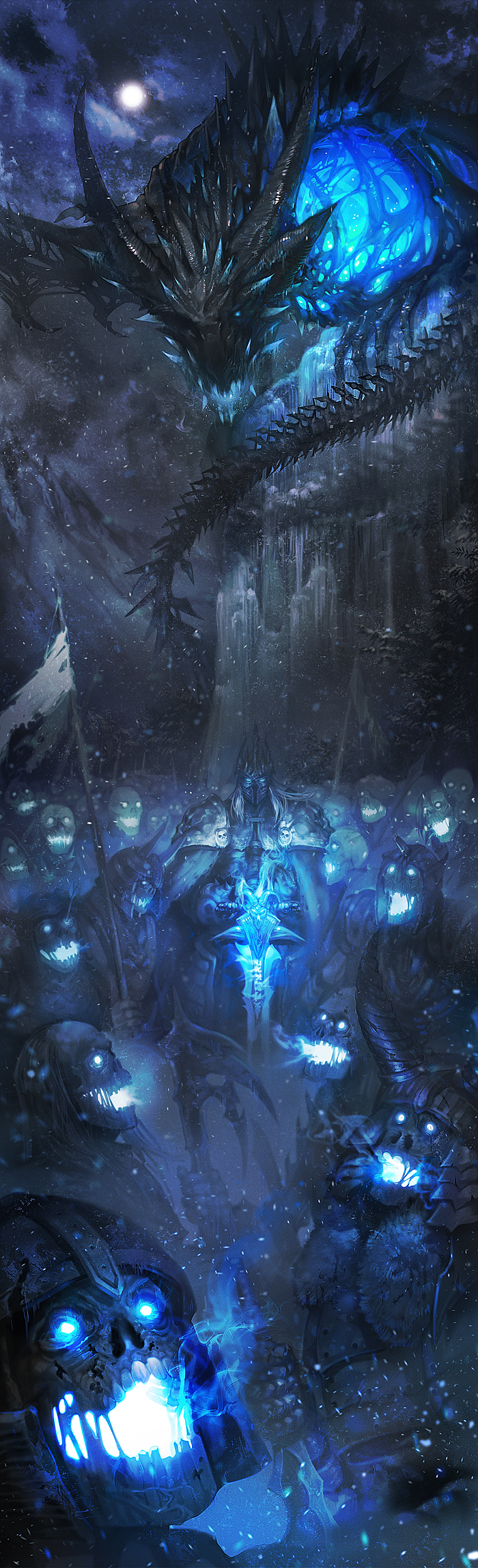 1boy armor arthas_menethil banner blue choebab clouds dragon frostmourne full_moon glowing glowing_eyes glowing_mouth helmet highres lich_king moon night night_sky outdoors sindragosa sky snowing undead warcraft winter world_of_warcraft zombie