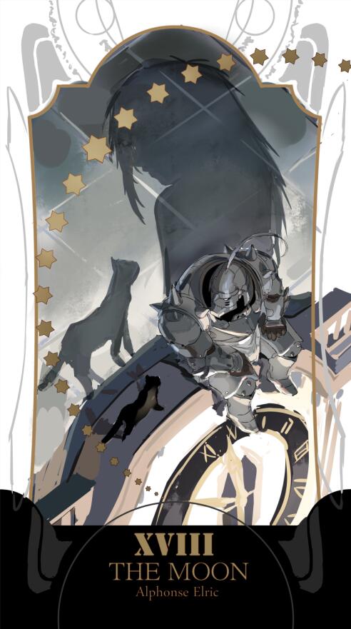 1boy alphonse_elric animal apron armor cat character_name full_armor full_body fullmetal_alchemist gloves holy_pumpkin looking_at_another male_focus shadow sitting star text