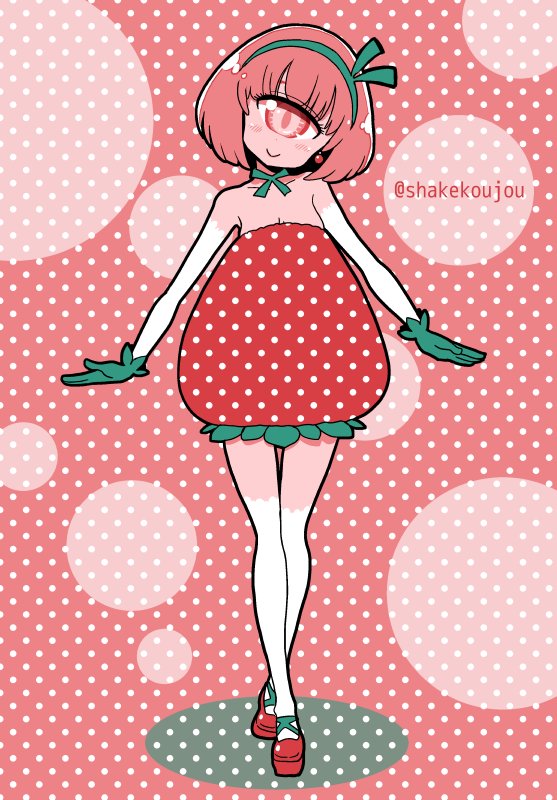 1girl bare_shoulders blush breasts cleavage closed_mouth commentary_request cyclops elbow_gloves food fruit gloves green_gloves head_tilt headband looking_at_viewer one-eyed original pink_hair polka_dot red_eyes red_footwear shake-o shoes slit_pupils smile solo standing strawberry thigh-highs twitter_username unmoving_pattern white_legwear