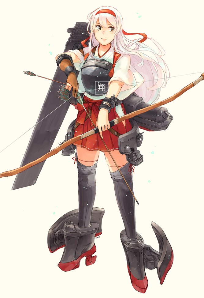 1girl armor armored_boots arrow boots bow_(weapon) closed_mouth commentary eyebrows_visible_through_hair flight_deck full_body gun hair_between_eyes hairband hakama hakama_skirt headband hip_vent japanese_clothes kantai_collection kimono long_hair machinery muneate quiver red_hakama red_headband red_ribbon red_skirt remodel_(kantai_collection) ribbon rigging rudder_shoes shoukaku_(kantai_collection) silver_hair simple_background skirt smile solo tasuki turret weapon weidashming white_hair white_kimono