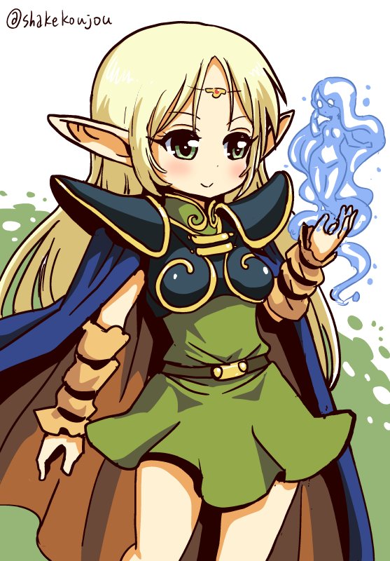 1girl belt blonde_hair blue_cape blush bracer brown_cape cape chibi circlet closed_mouth commentary_request cowboy_shot deedlit dot_nose dress elf green_dress green_eyes hand_up long_hair magic multicolored multicolored_cape multicolored_clothes pointy_ears record_of_lodoss_war shake-o smile solo spaulders standing twitter_username