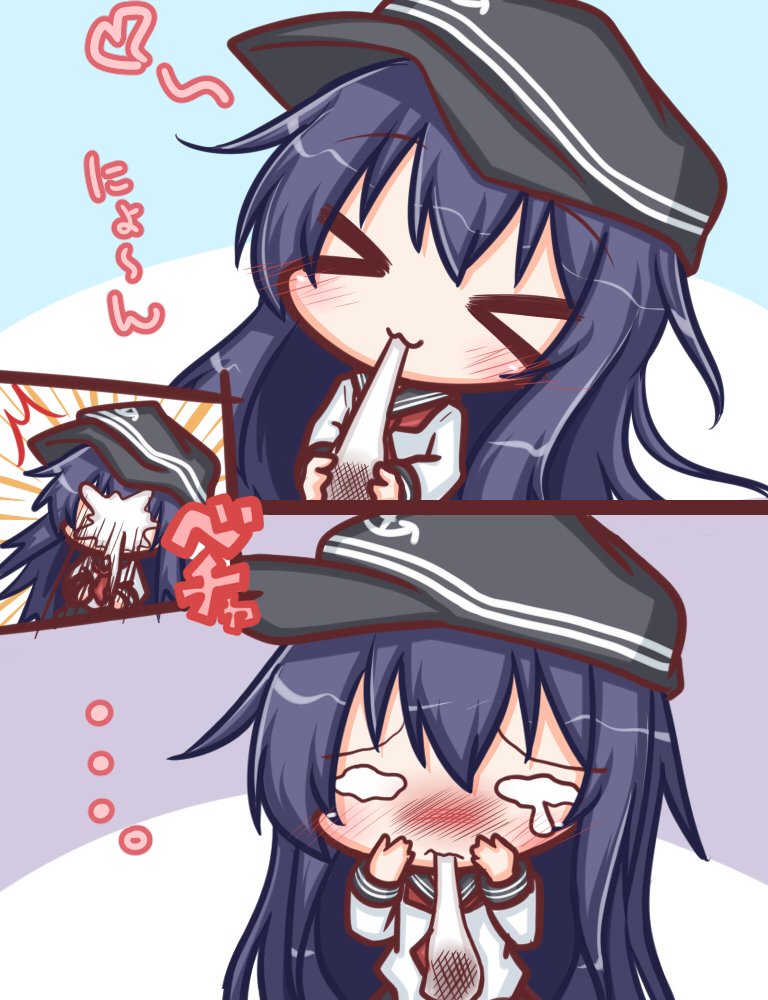 &gt;_&lt; ... /\/\/\ 1girl :3 akatsuki_(kantai_collection) anchor_symbol bangs black_hat blush closed_eyes closed_mouth comic commentary_request eating eyebrows_visible_through_hair flat_cap food hair_between_eyes hat holding holding_food in_the_face kantai_collection komakoma_(magicaltale) long_hair long_sleeves mochi neckerchief purple_hair red_neckwear school_uniform serafuku shirt teardrop translation_request very_long_hair wagashi white_shirt