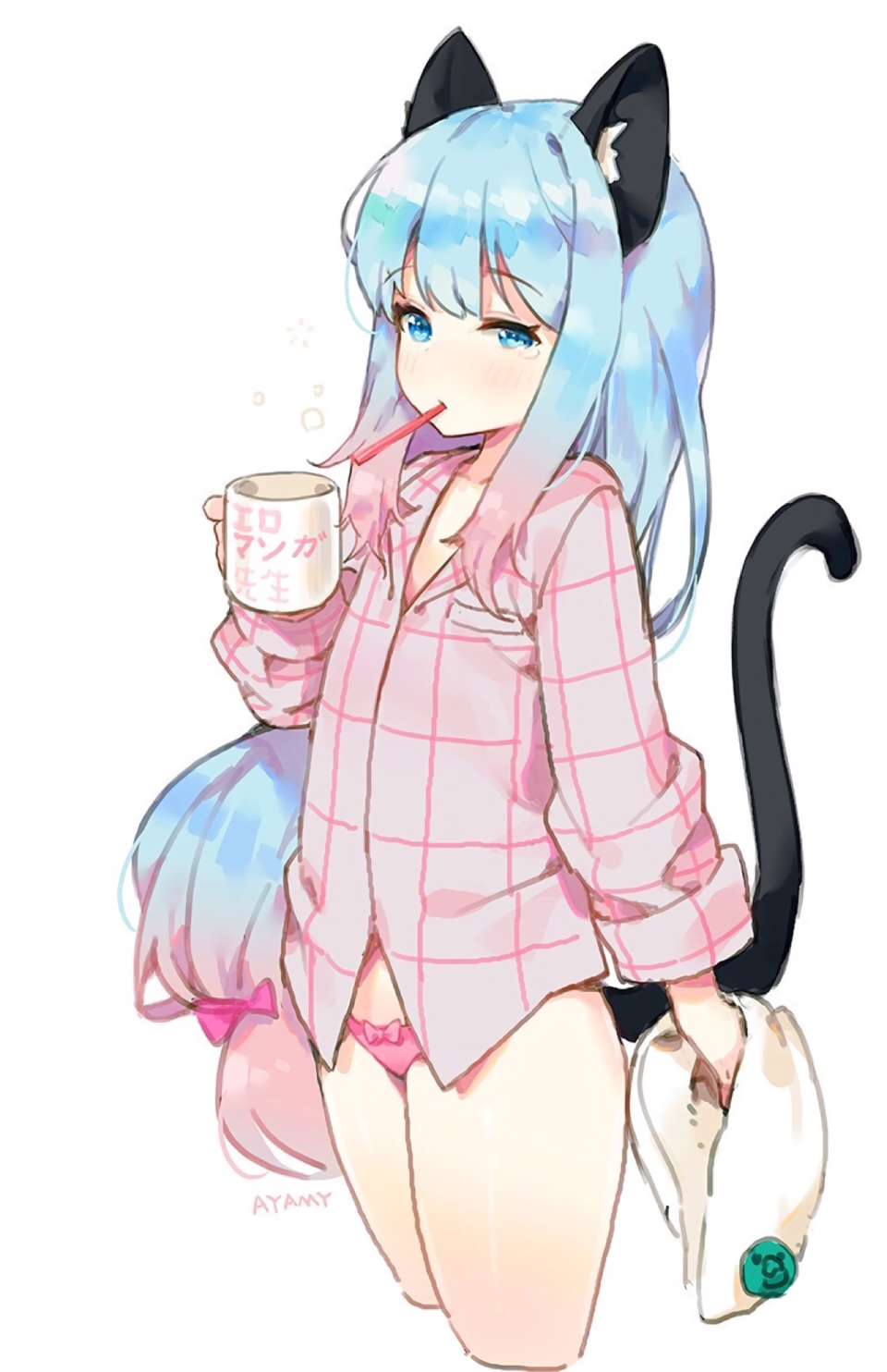 1girl animal_ears ayami blue_eyes bow bow_panties cat_ears cat_tail coffee_mug cropped_legs eromanga_sensei gradient_hair highres izumi_sagiri kemonomimi_mode long_hair mouth_hold multicolored_hair pajamas panties pink_panties simple_background sketch solo tail tears toothbrush_in_mouth underwear uneven_eyes very_long_hair white_background