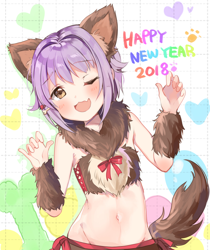 1girl 2018 ;3 ;d animal_costume animal_ears arm_warmers bangs blush bone bone_hair_ornament chocho_(homelessfox) commentary dog_ears dog_tail english eyebrows_visible_through_hair fang groin hair_ornament hairclip happy_new_year idolmaster idolmaster_cinderella_girls koshimizu_sachiko looking_at_viewer midriff navel new_year one_eye_closed open_mouth paw_print purple_hair short_hair smile solo star stomach strapless tail tubetop upper_body yellow_eyes