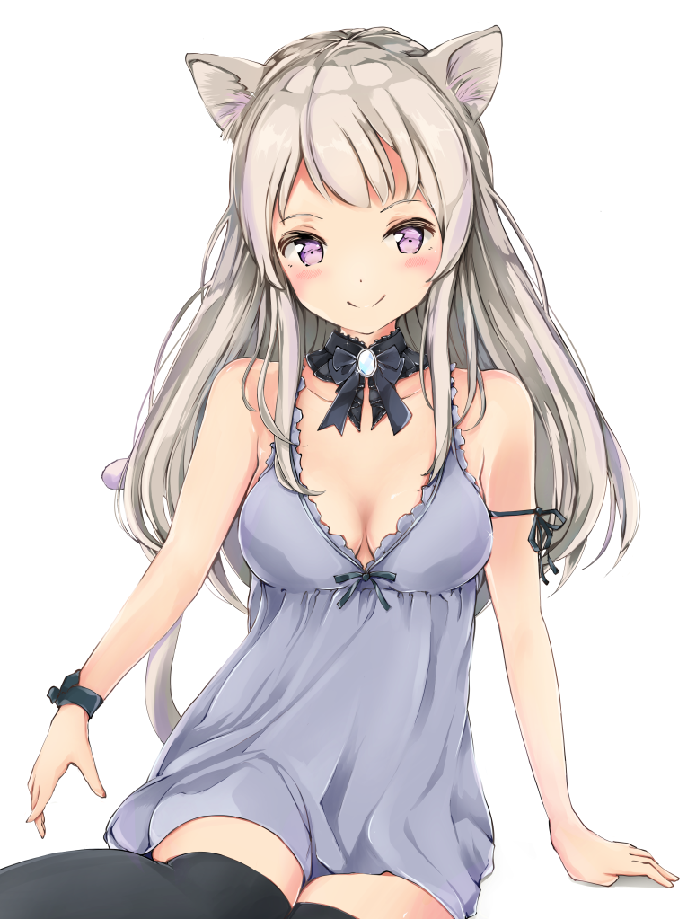 1girl animal_ears bangs bare_shoulders black_legwear black_neckwear blush bow bowtie brooch cat_ears cat_girl cat_tail closed_mouth collarbone commentary_request detached_collar dress head_tilt jewelry long_hair looking_at_viewer original over-kneehighs purple_dress shimamuucho sidelocks silver_hair simple_background sleeveless sleeveless_dress smile solo tail thigh-highs violet_eyes white_background