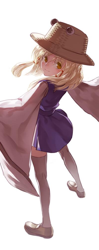 1girl back blonde_hair hair_ornament hair_ribbon hat long_sleeves looking_at_viewer looking_back moriya_suwako ribbon shirt shoes short_hair simple_background skirt skirt_set smile solo thigh-highs touhou vest white_background white_footwear white_legwear wide_sleeves yamamomo_(plank) yellow_eyes zettai_ryouiki