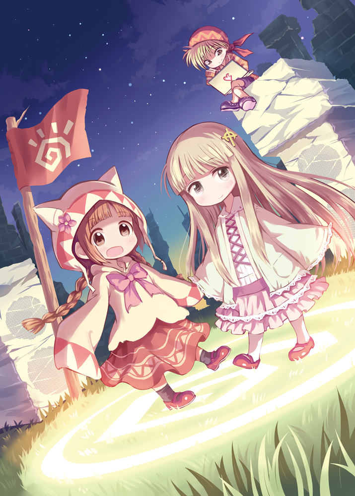 1boy 2girls :d animal_hood bandanna blonde_hair braid brown_eyes brown_hair cat_hood dress dutch_angle flag frilled_dress frills grass hair_ornament hirary hood juju_coo_shnamur kukuri legs_crossed long_sleeves magic_circle mahoujin_guruguru multiple_girls night night_sky nike_(mahoujin_guruguru) open_mouth outdoors pink_dress red_footwear red_skirt sitting skirt sky smile socks standing twin_braids white_legwear