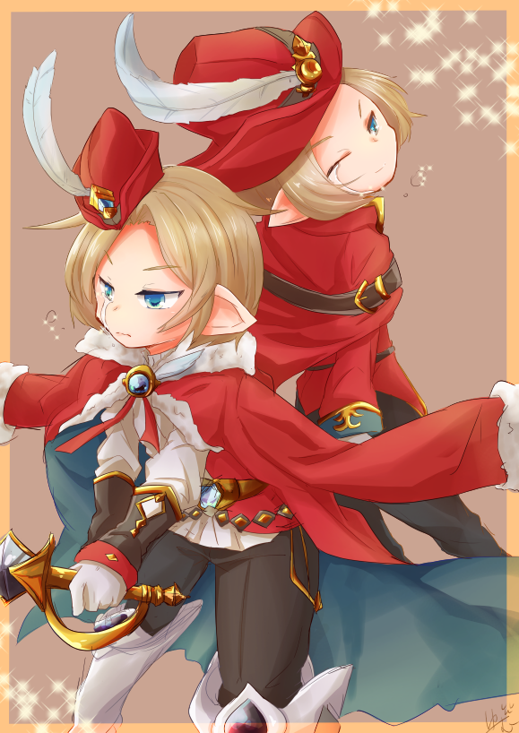 1boy artist_name back-to-back blonde_hair blue_eyes boots capelet crying feathers fur_trim gloves granblue_fantasy harbin hat male_focus solo sparkle sword vermeil weapon yum_m