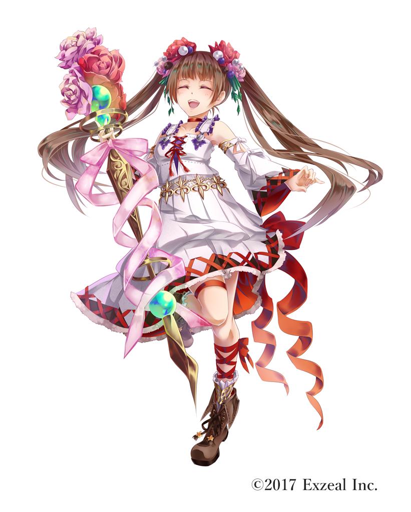 :d brown_hair closed_eyes dress fantasy flower hair_flower hair_ornament looking_at_viewer official_art open_mouth red_ribbon ribbon smile staff standing standing_on_one_leg tachi-e twintails tyouya watermark white_dress