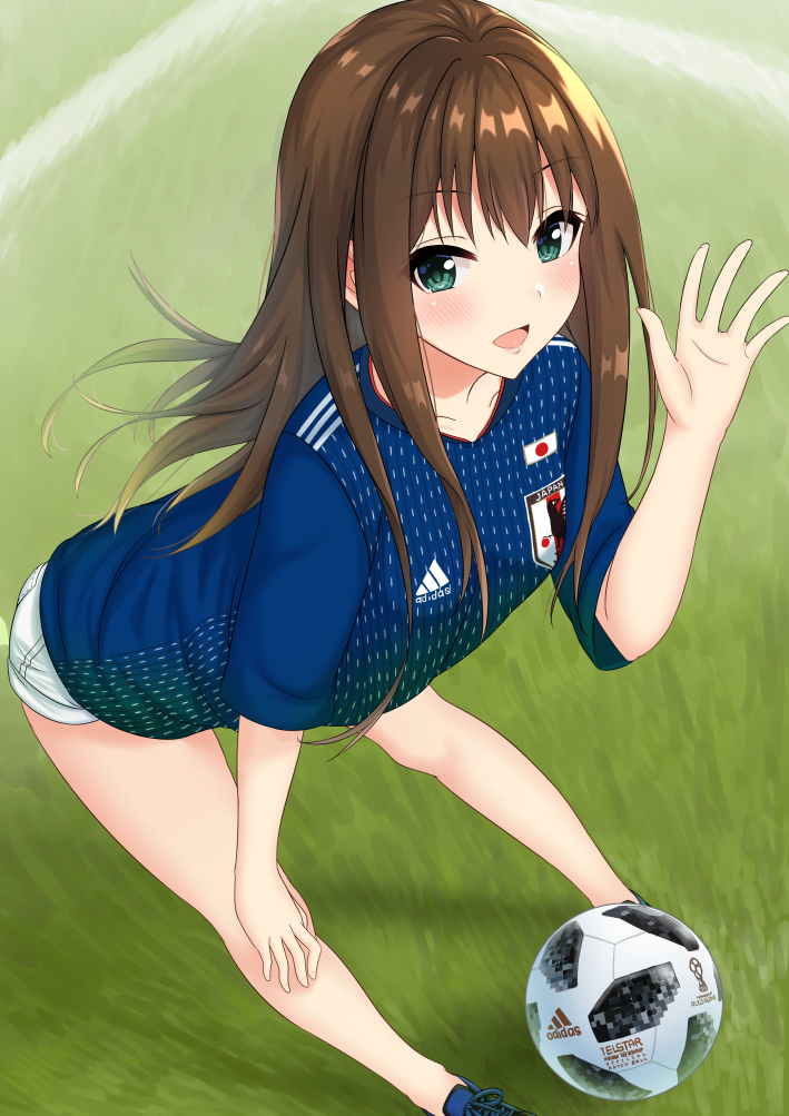 :d bangs bent_over blue_footwear blue_shirt blunt_bangs blush brown_hair eyebrows_visible_through_hair football_(object) green_eyes hair_between_eyes idolmaster idolmaster_cinderella_girls japanese_flag long_hair looking_at_viewer miyazumi open_mouth shibuya_rin shirt shoes short_shorts short_sleeves shorts smile sneakers standing white_shorts