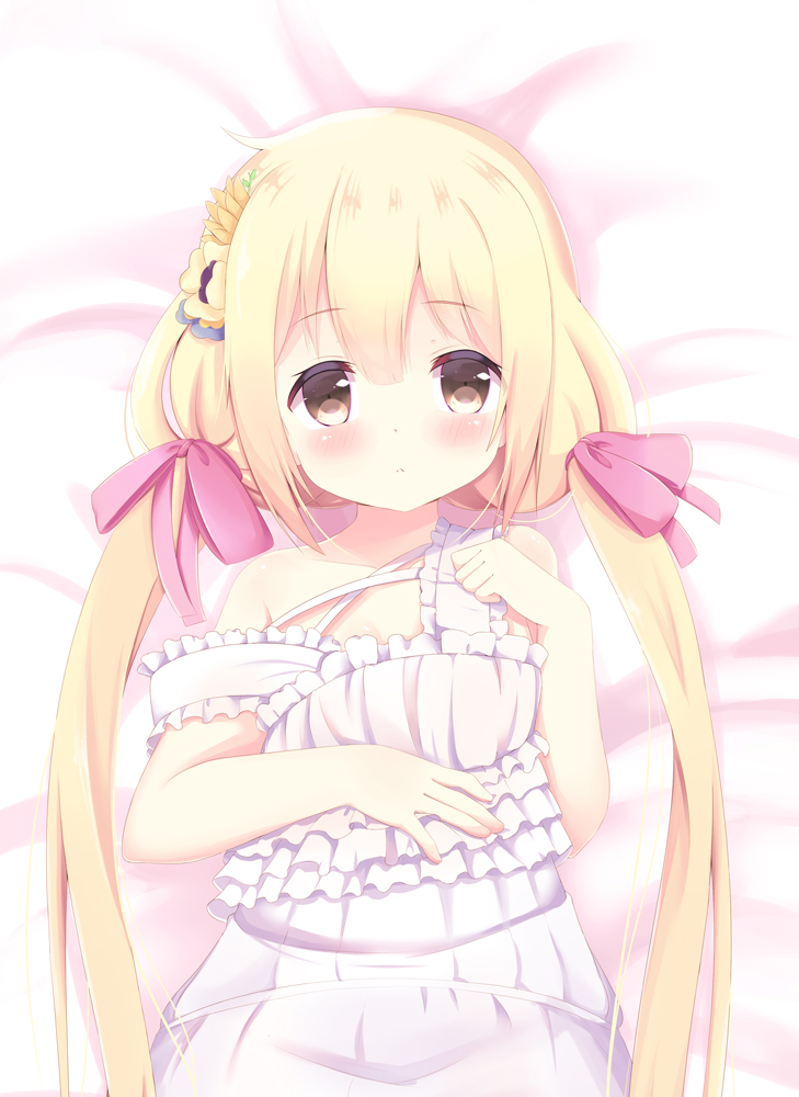 1girl bangs bare_arms bare_shoulders bed_sheet blonde_hair blush bow breasts brown_eyes closed_mouth collarbone dakimakura dress eyebrows_visible_through_hair flower futaba_anzu hair_between_eyes hair_bow hair_flower hair_ornament idolmaster idolmaster_cinderella_girls kittipat_jituatakul long_hair looking_at_viewer low_twintails lying on_back pink_bow sleeveless sleeveless_dress small_breasts solo strap_slip twintails very_long_hair white_dress yellow_flower