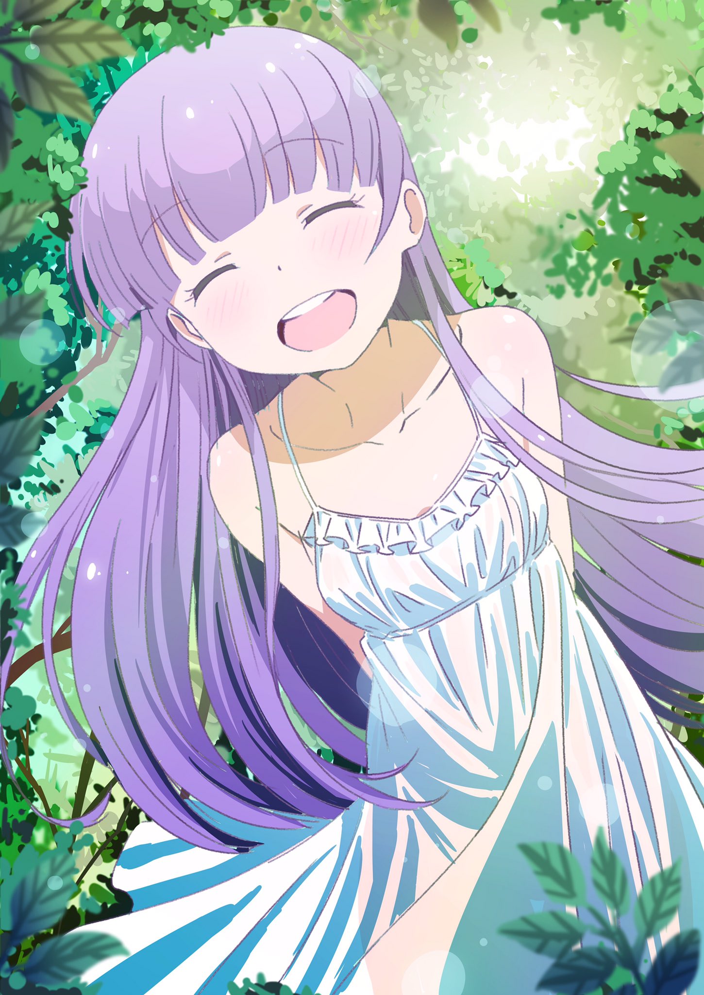 1girl arms_behind_back closed_eyes collarbone day dress eyebrows_visible_through_hair floating_hair forest hair_between_eyes highres leaning_to_the_side lens_flare long_hair makicha nature new_game! open_mouth outdoors purple_hair sleeveless sleeveless_dress smile solo standing sundress suzukaze_aoba very_long_hair white_dress