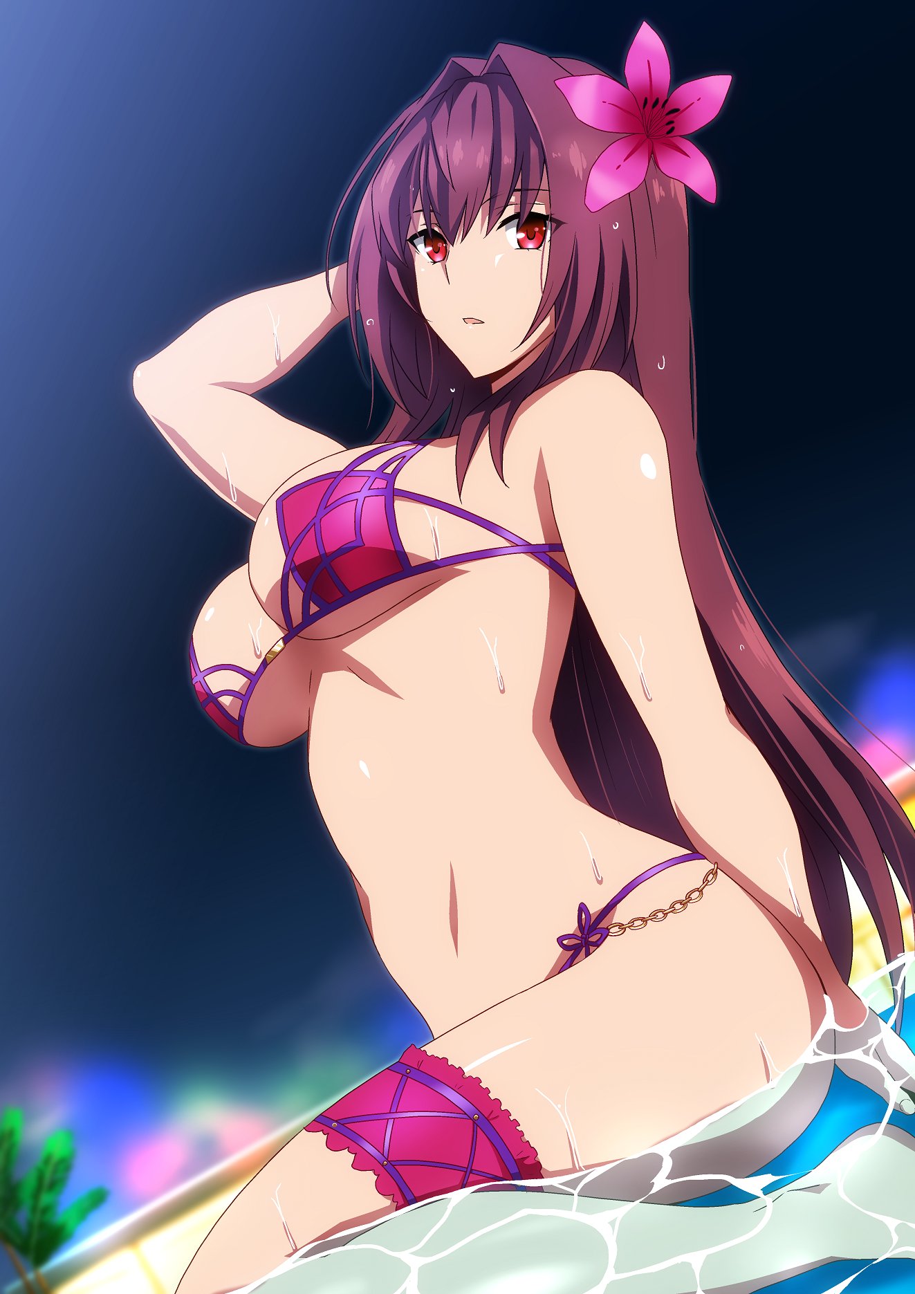 1girl arm_up bangs bare_shoulders bikini breasts fate/grand_order fate_(series) flower from_below from_side hair_between_eyes hair_flower hair_ornament hera_(hara0742) hibiscus highres large_breasts leg_garter long_hair looking_at_viewer night night_sky outdoors parted_lips pink_bikini pink_flower purple_bikini purple_hair red_eyes scathach_(fate)_(all) scathach_(swimsuit_assassin)_(fate) shiny shiny_skin sitting sky solo swimsuit thighs tree under_boob wariza water wet