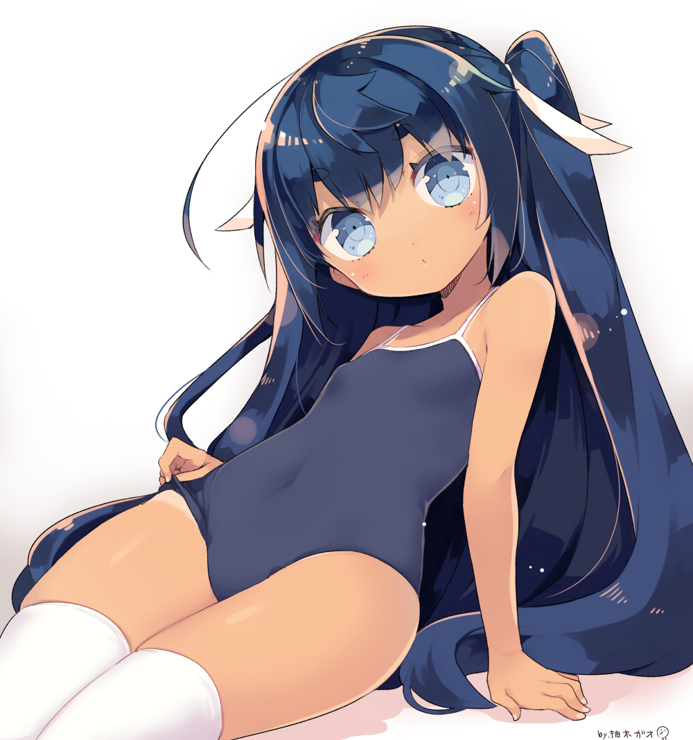 1girl arm_support bangs blue_eyes blue_hair blush breasts collarbone commentary_request covered_navel eyebrows_visible_through_hair hair_ribbon long_hair looking_at_viewer one-piece_swimsuit one-piece_tan original ribbon school_swimsuit short_eyebrows side_ponytail simple_background small_breasts solo swimsuit tan tanline thigh-highs very_long_hair white_background white_legwear yuzuki_gao