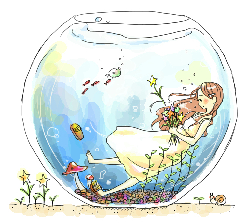 1girl blush bubble dress fish fishbowl long_hair lowres mushroom original oyaji_cha sandals sleeveless sleeveless_dress smile snail solo star submerged sundress underwater yellow_dress