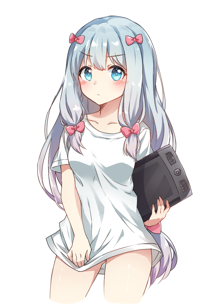 1girl bangs blue_eyes blush bow breasts caramell0501 closed_mouth collarbone cowboy_shot drawing_tablet eromanga_sensei eyebrows_visible_through_hair gluteal_fold hair_bow holding izumi_sagiri long_hair low-tied_long_hair no_pants pink_bow shiny shiny_hair shiny_skin shirt shirt_tug short_sleeves silver_hair simple_background small_breasts solo standing tareme thighs v-shaped_eyebrows very_long_hair white_background white_shirt