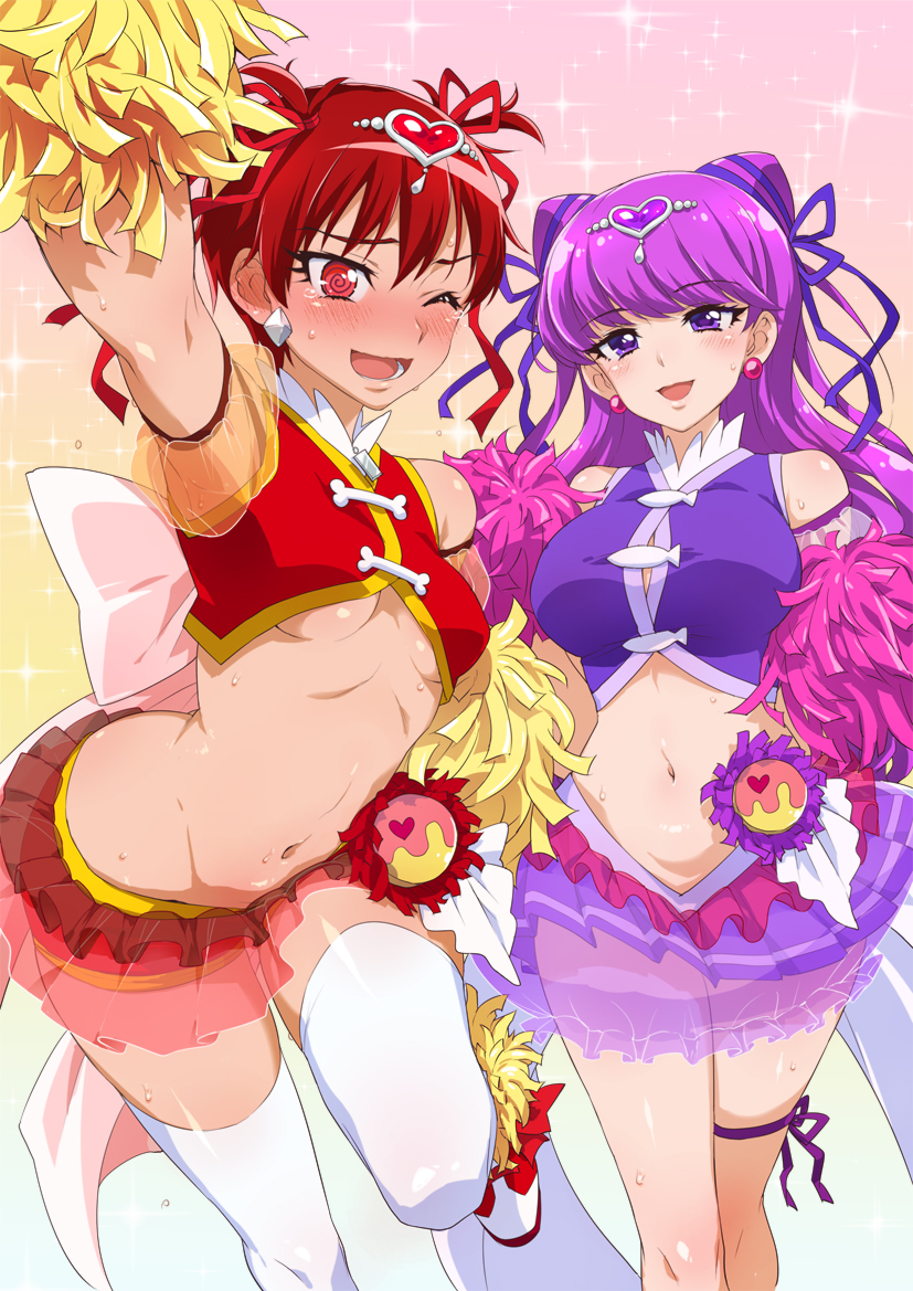 2girls @_@ breasts commentary_request cosplay cure_yell cure_yell_(cosplay) double_bun earrings embarrassed flower hair_flower hair_ornament hair_ribbon hugtto!_precure jewelry kenjou_akira kirakira_precure_a_la_mode kotozume_yukari large_breasts long_hair looking_at_viewer medium_breasts midriff multiple_girls mutyakai navel one_eye_closed open_mouth pom_poms precure purple_hair red_eyes redhead ribbon shiny shiny_hair shiny_skin shirt short_hair skirt smile standing violet_eyes