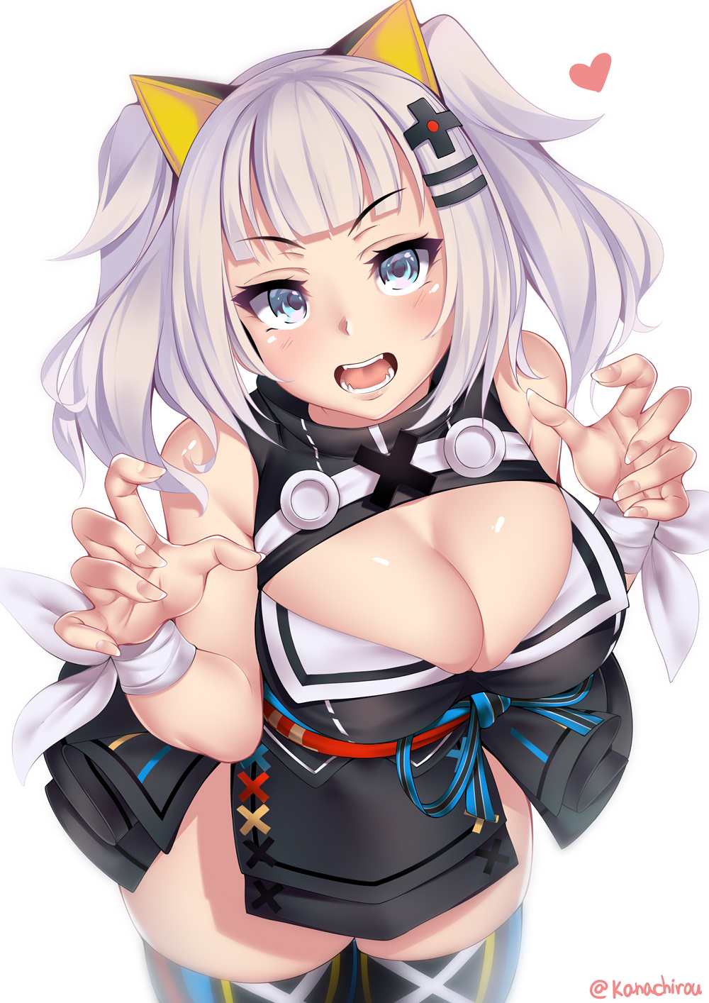 1girl artist_name bangs black_dress blue_eyes blush breasts claw_pose cleavage cleavage_cutout dress hair_ornament hairclip heart highres hips kaguya_luna kaguya_luna_(character) kanachirou large_breasts looking_at_viewer obi open_mouth sash silver_hair simple_background sleeveless solo teeth thigh-highs twintails white_background x_hair_ornament