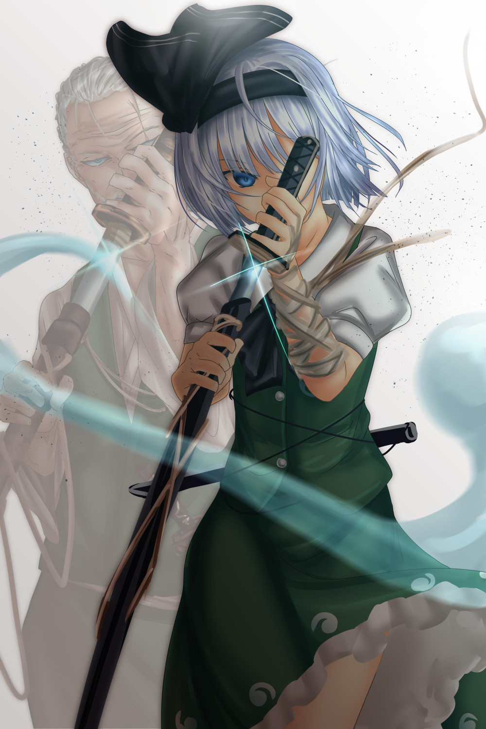 1boy 1girl ahoge bandage bandaged_arm bangs black_bow black_neckwear blue_eyes bow bowtie buttons commentary_request cowboy_shot eyebrows_visible_through_hair gradient gradient_background green_skirt hair_bow hand_up highres holding holding_sword holding_weapon konpaku_youki konpaku_youmu looking_at_viewer puffy_short_sleeves puffy_sleeves sheath short_hair short_sleeves shounen_(hogehoge) skirt skirt_set sparkle sword touhou unsheathing weapon white_hair