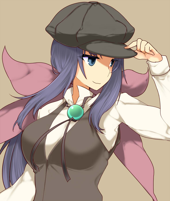 1girl aoguu breasts brown_background character_request closed_mouth commentary hand_on_headwear hat headwear long_hair long_sleeves looking_to_the_side multicolored_neckwear open_eyes purple_hair sengoku_collection shadow shirt simple_background solo violet_eyes white_shirt