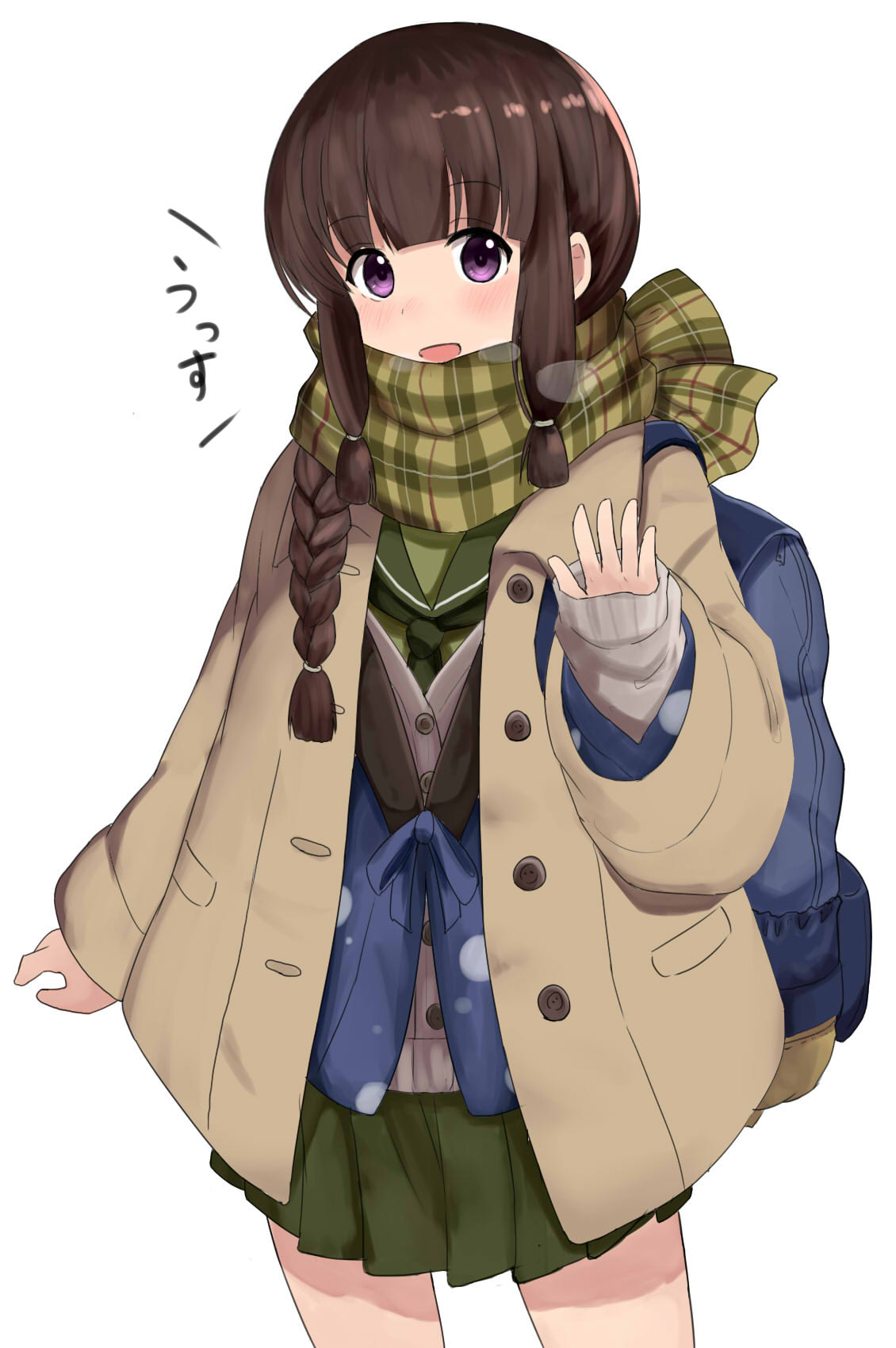 1girl :d black_hair buttons coat green_sailor_collar green_skirt highres kantai_collection kitakami_(kantai_collection) long_hair long_sleeves okitsugu open_mouth plaid plaid_scarf pleated_skirt sailor_collar scarf school_uniform serafuku simple_background skirt smile solo violet_eyes white_background