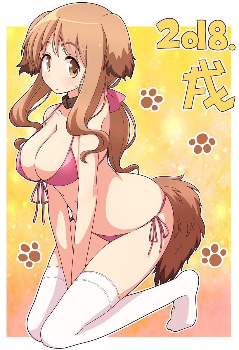 1girl 2018 3: animal_ears bangs between_legs bikini blush bow breasts brown_eyes brown_hair cleavage closed_mouth collar collarbone commentary_request dog_ears dog_tail eyebrows_visible_through_hair full_body hair_bow hand_between_legs highres kemonomimi_mode large_breasts long_hair looking_at_viewer low_ponytail matsumoto_yoriko mel_(melty_pot) navel no_shoes paw_background pink_bikini pink_bow seiza side-tie_bikini sidelocks sitting solo sweatdrop swimsuit tail thick_eyebrows thigh-highs wavy_mouth white_legwear yellow_background yuyushiki