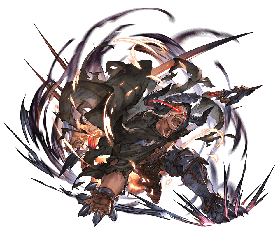 1boy abs armor armored_boots bandage boots cape dark_skin doraf fangs gloves glowing glowing_eyes granblue_fantasy hood horns male_focus minaba_hideo open_mouth red_eyes scythe solo teeth torn_clothes transparent_background vaseraga