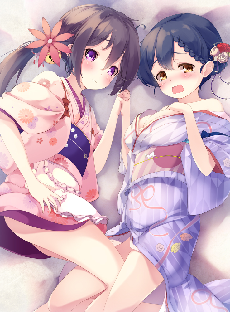 2girls akebono_(kantai_collection) alternate_costume bell black_hair blush breasts commentary_request flower gengetsu_chihiro hair_bell hair_flower hair_ornament japanese_clothes jingle_bell kantai_collection kimono long_hair medium_breasts multiple_girls obi open_mouth pink_flower purple_hair sash side_ponytail ushio_(kantai_collection) violet_eyes wide_sleeves yellow_eyes yukata