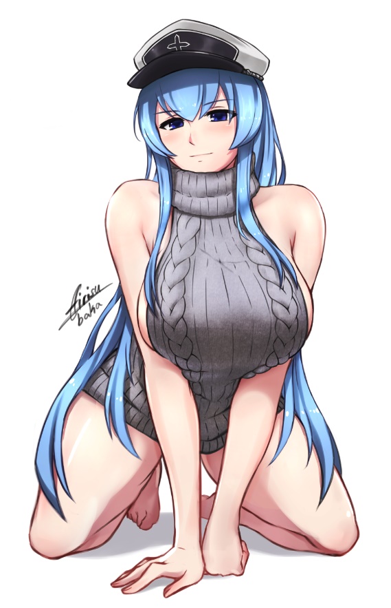 &gt;:) 1girl airisubaka akame_ga_kill! alternate_costume aran_sweater backless_outfit bare_arms bare_back bare_shoulders blue_eyes blue_hair blush breasts dress esdeath full_body grey_sweater halterneck hat kneeling large_breasts long_hair looking_at_viewer meme_attire naked_sweater no_bra open-back_dress peaked_cap ribbed_sweater sideboob signature sleeveless sleeveless_turtleneck smile solo sweater sweater_dress turtleneck turtleneck_sweater v-shaped_eyebrows v_arms very_long_hair virgin_killer_sweater