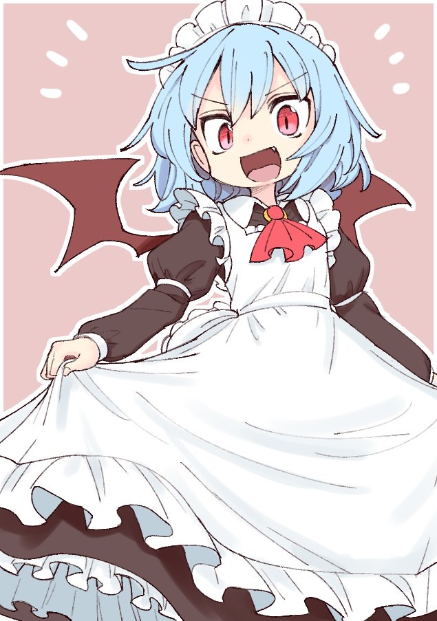 1girl alternate_costume apron ascot bat_wings black_dress blue_hair brooch commentary_request dress enmaided jewelry long_sleeves looking_at_viewer maid maid_apron maid_headdress oninamako open_mouth red_eyes red_neckwear remilia_scarlet simple_background smile solo touhou wings