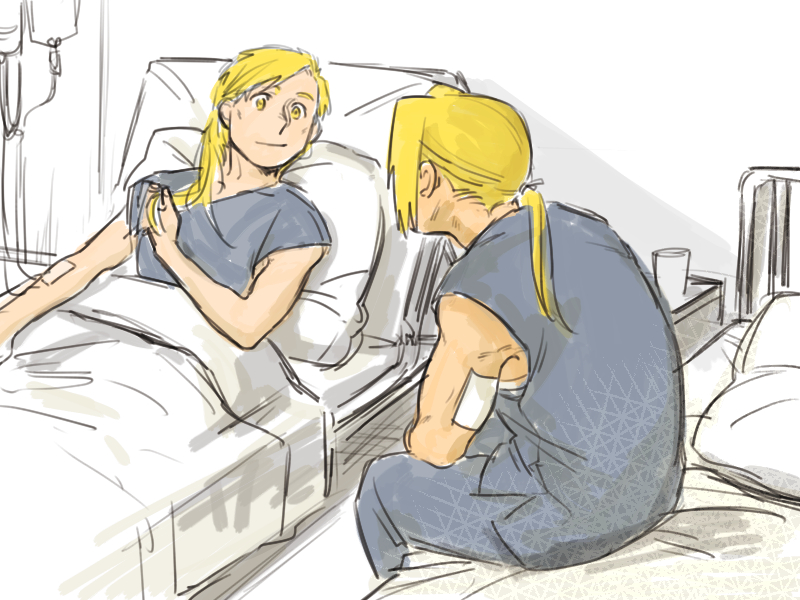 2boys alphonse_elric bandage bed bed_sheet blonde_hair brothers edward_elric fullmetal_alchemist glass grey_shirt long_hair looking_at_another lying male_focus multiple_boys nore_(boosuke) pillow ponytail shirt siblings sitting smile yellow_eyes