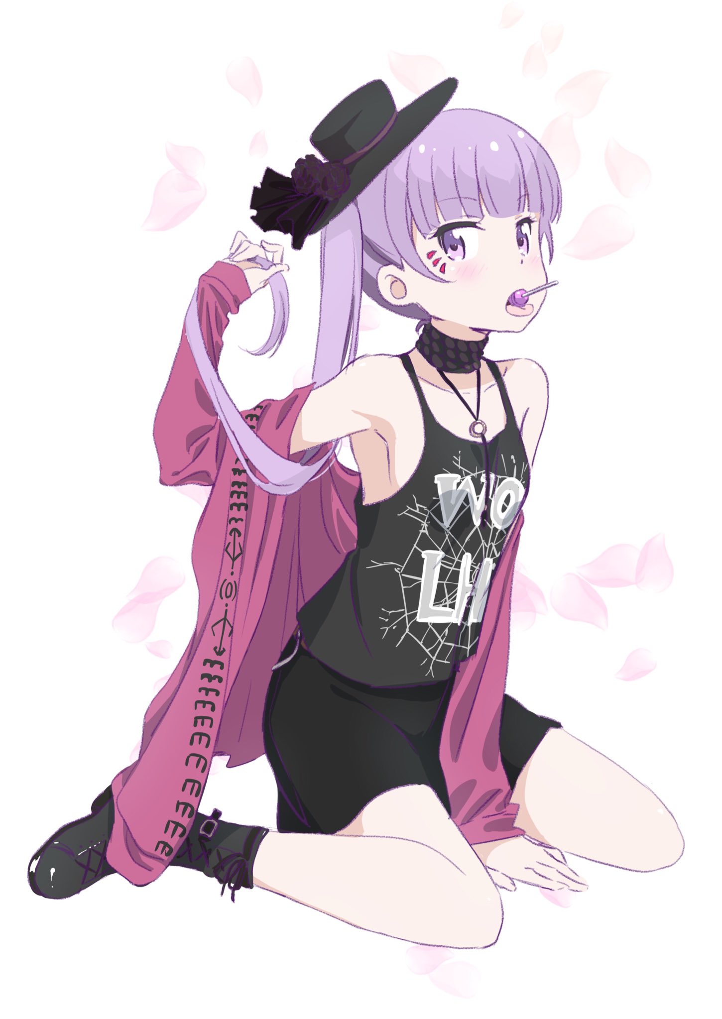 1girl between_legs black_footwear black_hat black_shirt black_skirt boots breasts candy choker collarbone eyebrows_visible_through_hair food hand_between_legs hat highres holding holding_hair lollipop long_hair makicha miniskirt new_game! open_mouth purple_hair shirt sideboob simple_background sitting skirt sleeveless sleeveless_shirt small_breasts solo suzukaze_aoba twintails very_long_hair violet_eyes white_background