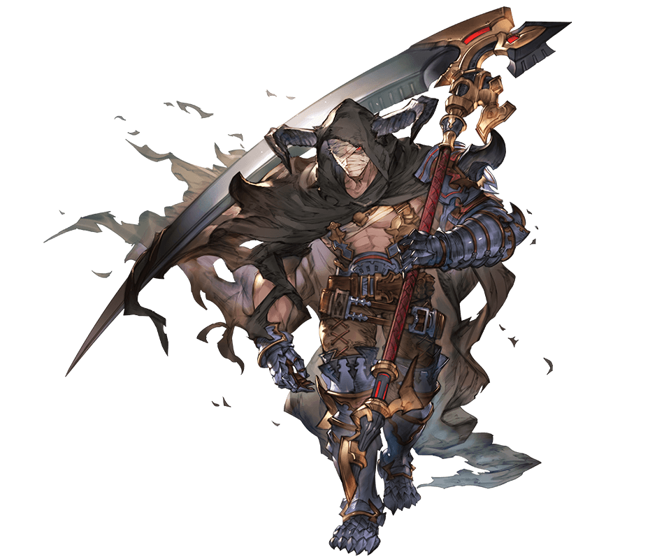 1boy abs armor armored_boots bandage boots cape dark_skin doraf gloves granblue_fantasy hood horns male_focus minaba_hideo one_eye_covered red_eyes scythe solo torn_clothes transparent_background vaseraga