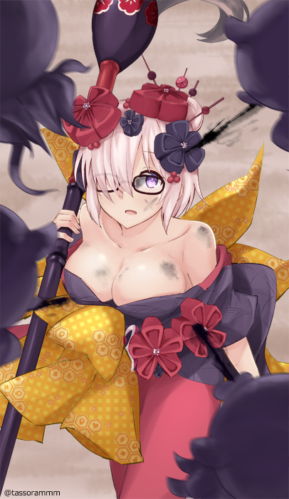 1girl bare_shoulders black-framed_eyewear black_kimono breasts cleavage collar commentary_request cosplay fate/grand_order fate_(series) glasses hair_bun hair_ornament hair_over_one_eye holding ink ink_on_face japanese_clothes katsushika_hokusai_(fate/grand_order) katsushika_hokusai_(fate/grand_order)_(cosplay) kimono large_breasts looking_at_viewer mash_kyrielight octopus off_shoulder parted_lips pink_hair red_skirt short_hair side_bun skirt sleeves_pushed_up solo tasora twitter_username violet_eyes