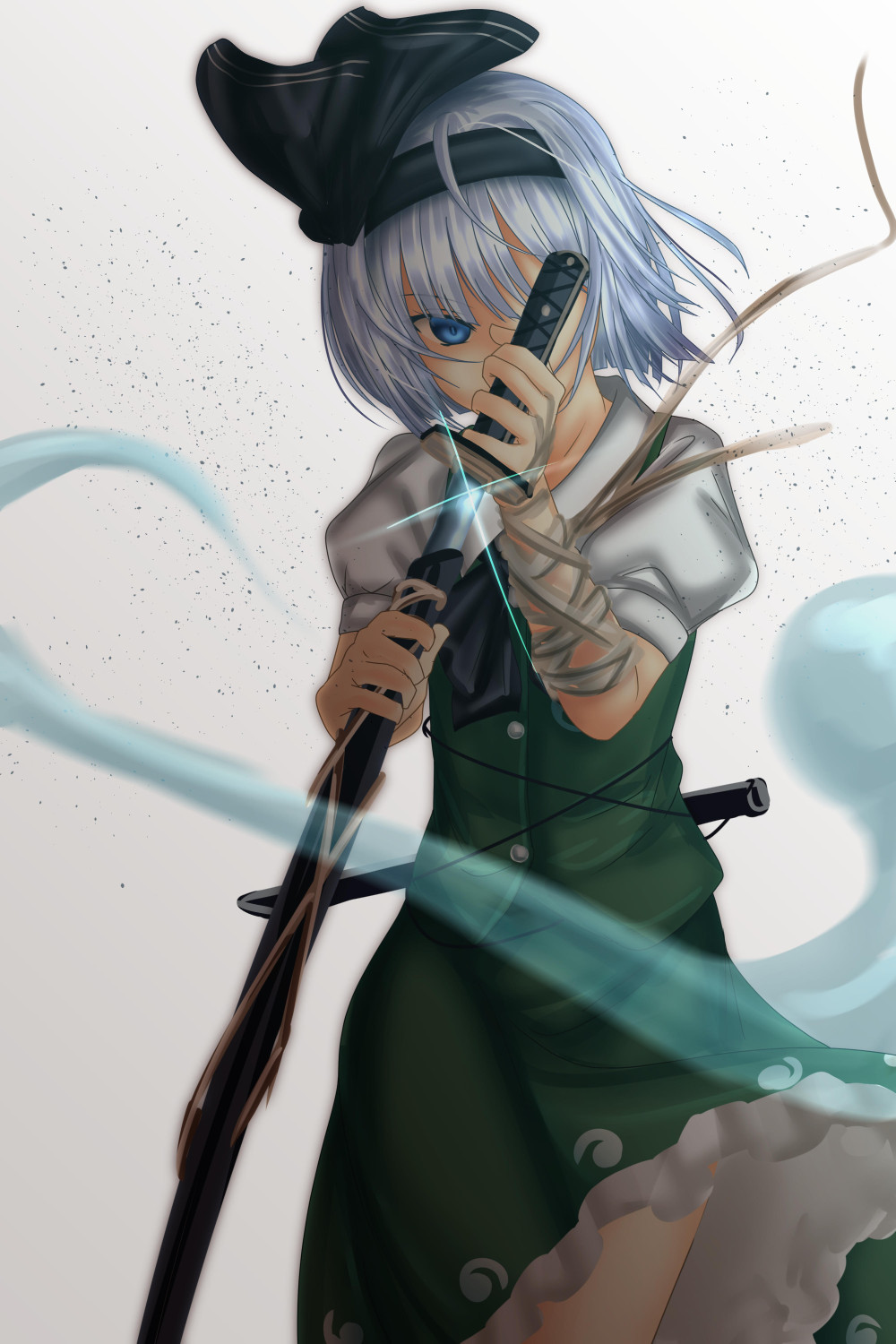 1girl ahoge bandage bandaged_arm bangs black_bow black_neckwear blue_eyes bow bowtie buttons cowboy_shot eyebrows_visible_through_hair gradient gradient_background green_skirt hair_bow hand_up highres holding holding_sword holding_weapon konpaku_youki konpaku_youmu konpaku_youmu_(ghost) looking_at_viewer puffy_short_sleeves puffy_sleeves sheath short_hair short_sleeves shounen_(hogehoge) skirt skirt_set solo sparkle sword touhou unsheathing weapon white_hair