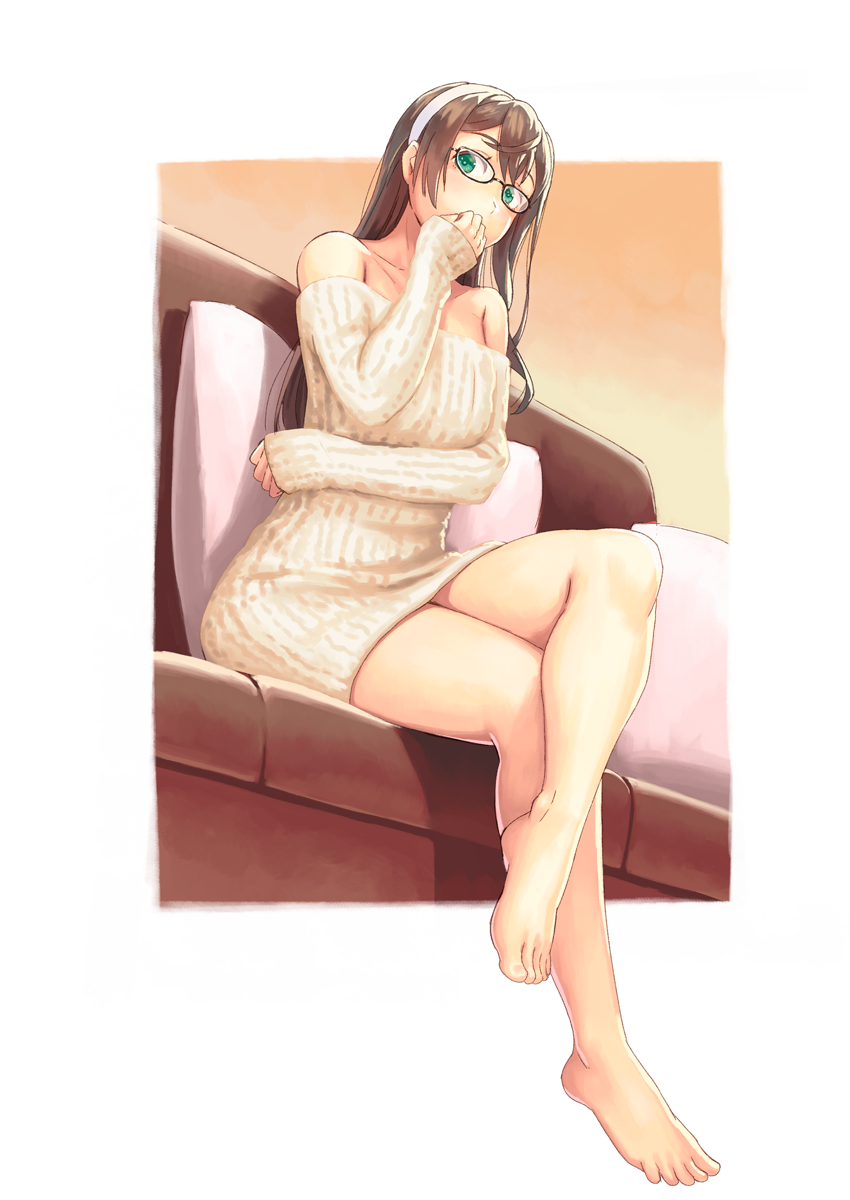 1girl alternate_costume bare_legs bare_shoulders barefoot black-framed_eyewear brown_hair collarbone couch cushion dress feet from_below full_body glasses gradient gradient_background green_eyes hairband hand_on_own_face highres kantai_collection legs_crossed long_hair long_sleeves looking_at_viewer looking_down on_couch ooyodo_(kantai_collection) sitting sleeves_past_wrists solo sweater sweater_dress white_dress white_hairband white_sweater yuuji_(and)