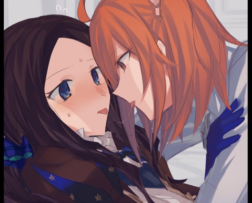 after_kiss ahoge aoki_shizumi blue_eyes blue_gloves blush brown_hair face-to-face fate/grand_order fate_(series) from_side fujimaru_ritsuka_(female) gloves hair_between_eyes leonardo_da_vinci_(fate/grand_order) long_hair orange_eyes orange_hair saliva saliva_trail scrunchie shirt side_ponytail star sweat tearing_up tongue tongue_out upper_body white_shirt yuri