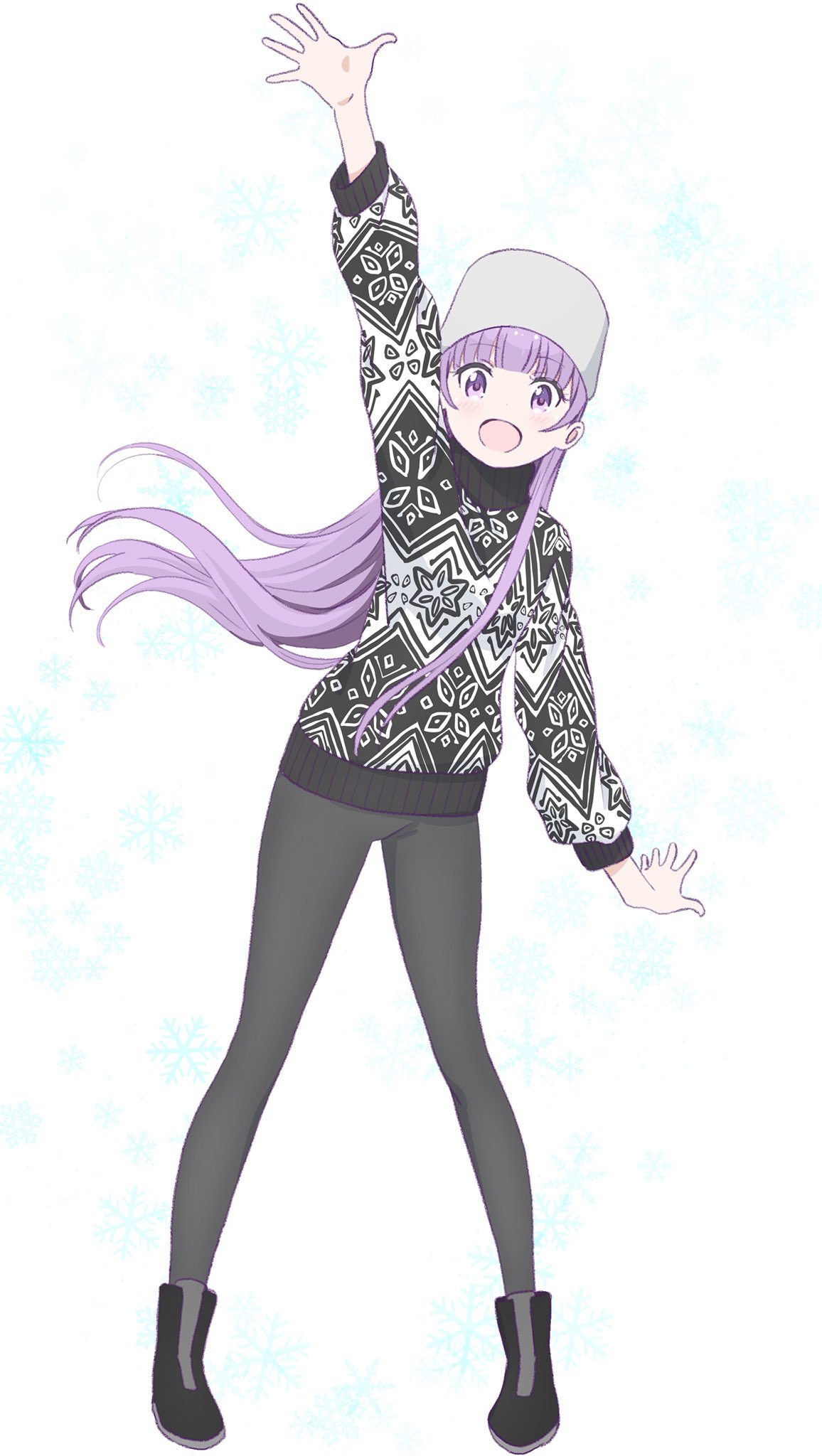 1girl :d arm_up black_footwear black_pants eyebrows_visible_through_hair floating_hair full_body grey_hat highres long_hair makicha new_game! open_mouth pants purple_hair simple_background smile solo standing suzukaze_aoba sweater very_long_hair violet_eyes white_background